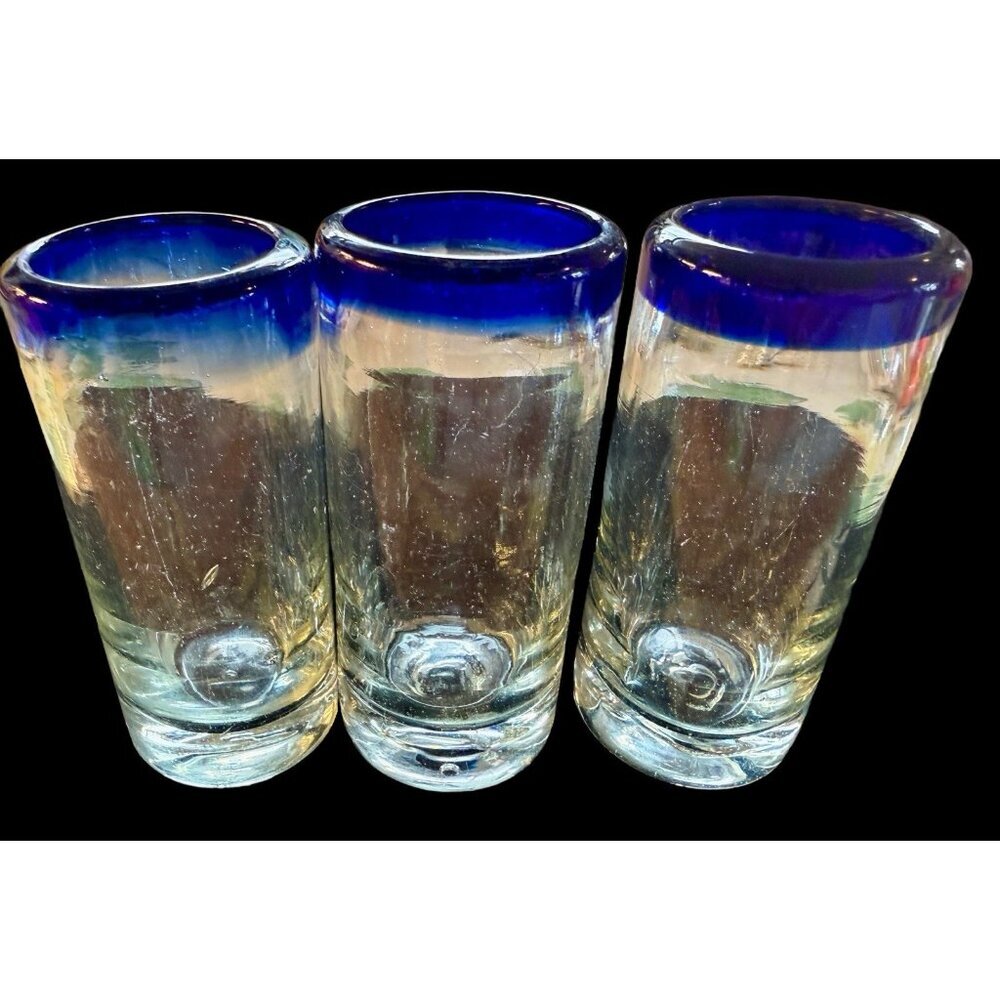 3 Mexican Hand Blown Shot Glass Blue Rim 4”